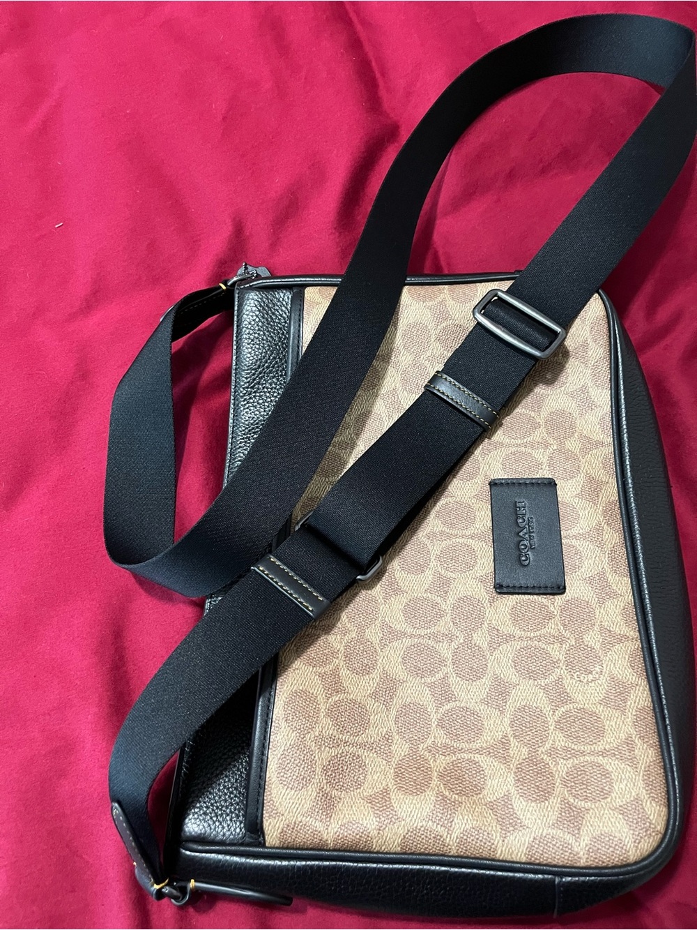 Coach Tan Signature Crossbody Bag with Black canvas strap - Picture 7 of 9